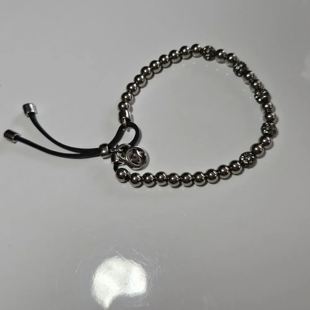 Michael Kors Slider Bracelet | Silver and Rhinestone Beaded Adjustable